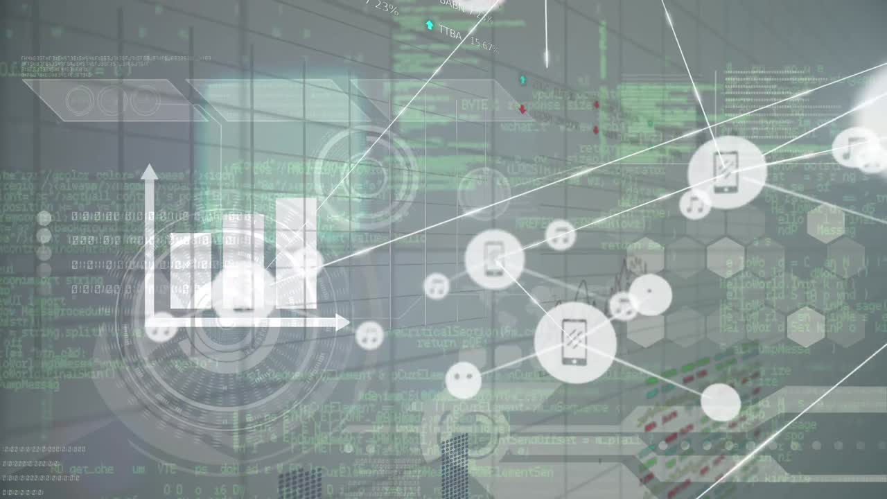 animación de la red de conexiones con iconos sobre el procesamiento de datos