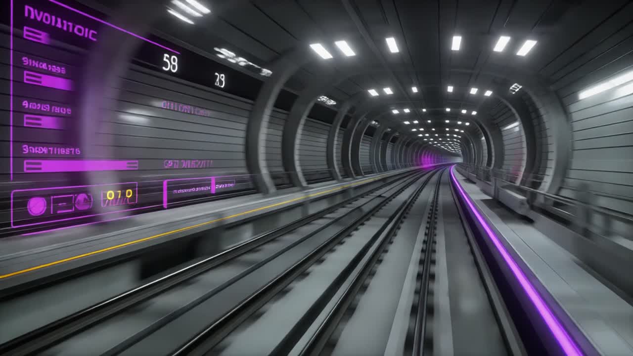 Treno della metropolitana futuristico che si muove attraverso un tunnel illuminato con interfaccia utente digitale