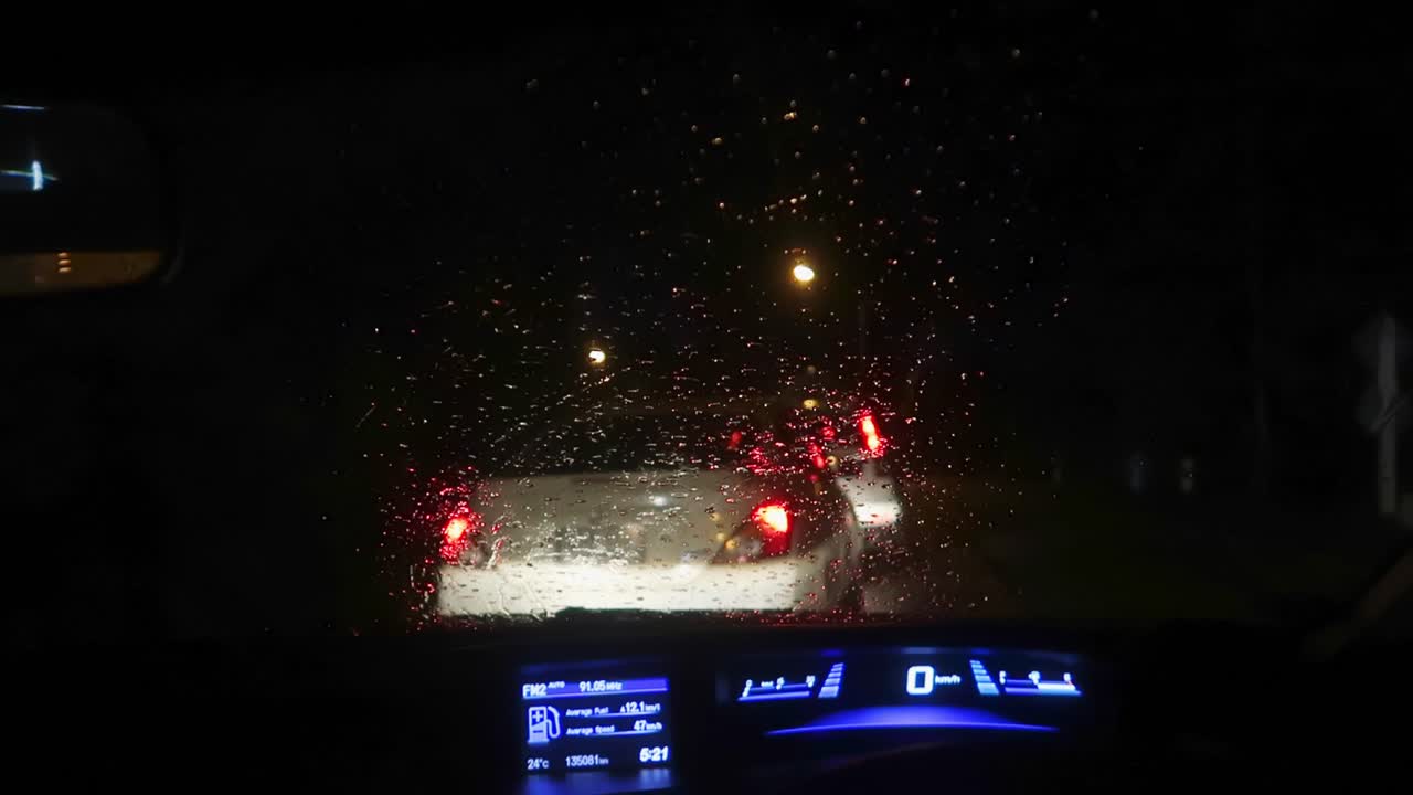 Stuck in traffic in a modern car in rainy weather