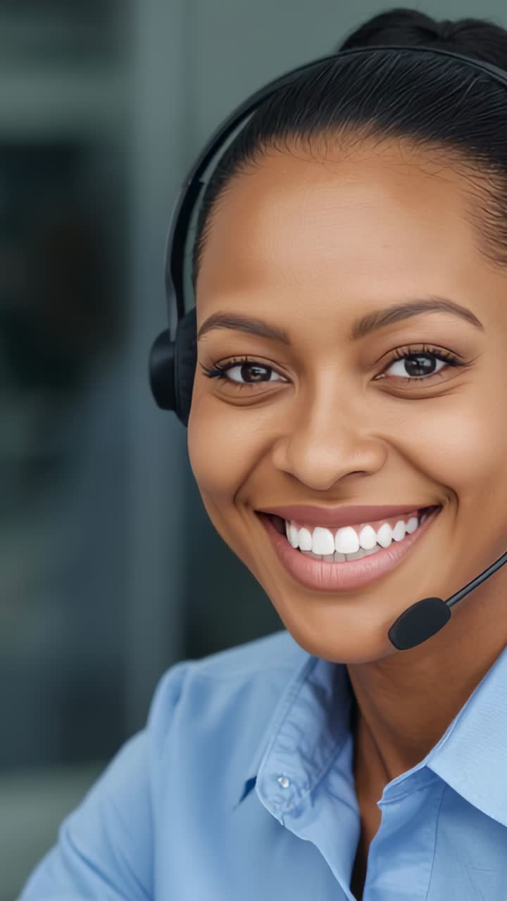 Vertical video: Answering call, agent in blue shirt talking on headset mic at desk helping caller