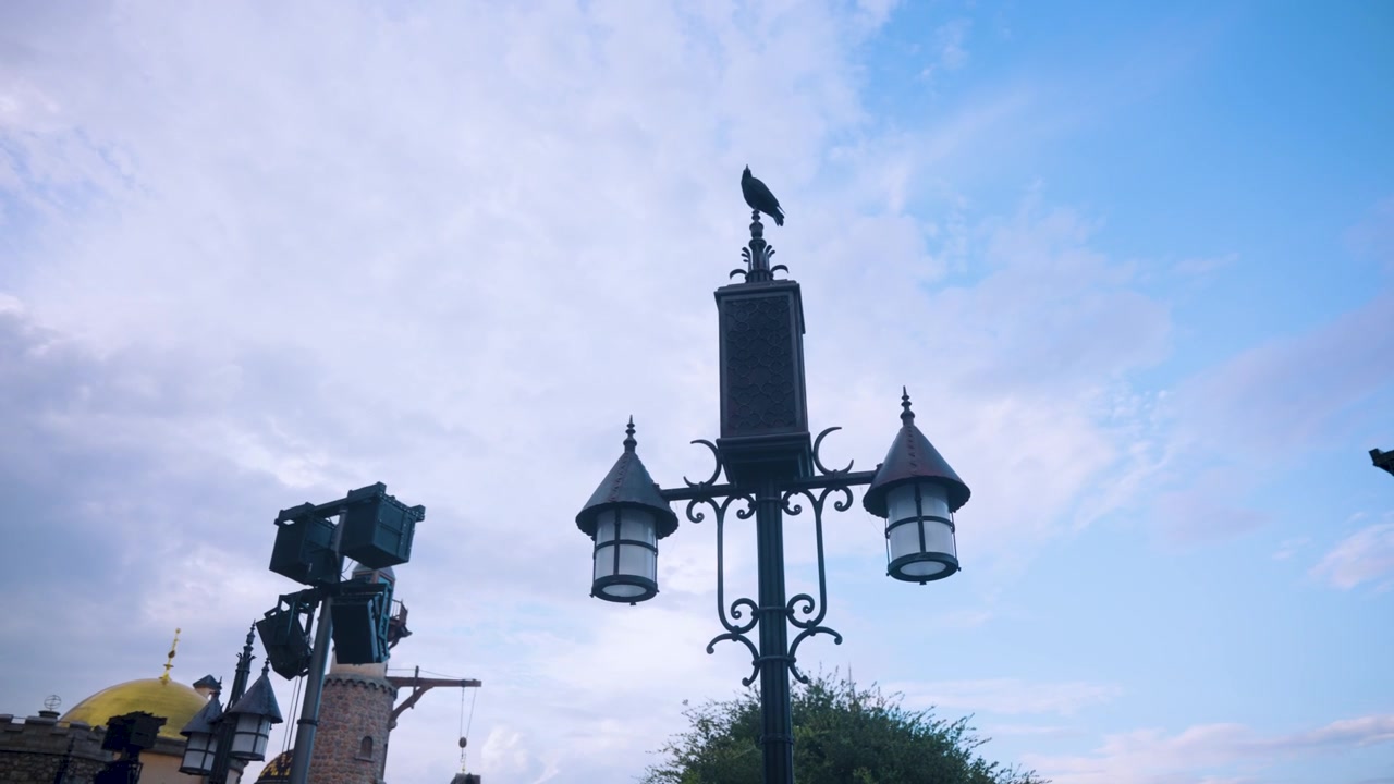 Cuervo posado en farolas de estilo victoriano en un parque temático