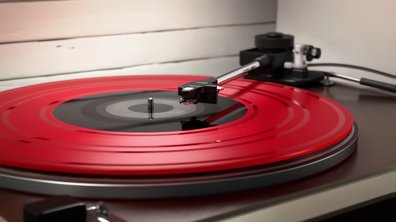 Red Vinyl Record Spinning on a Turntable