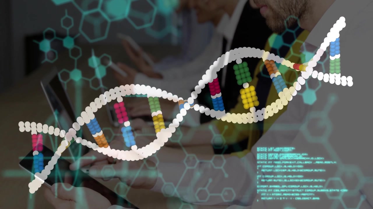 Female coder typing triggers animated code overlays and rotating DNA helix analyzing genetic data
