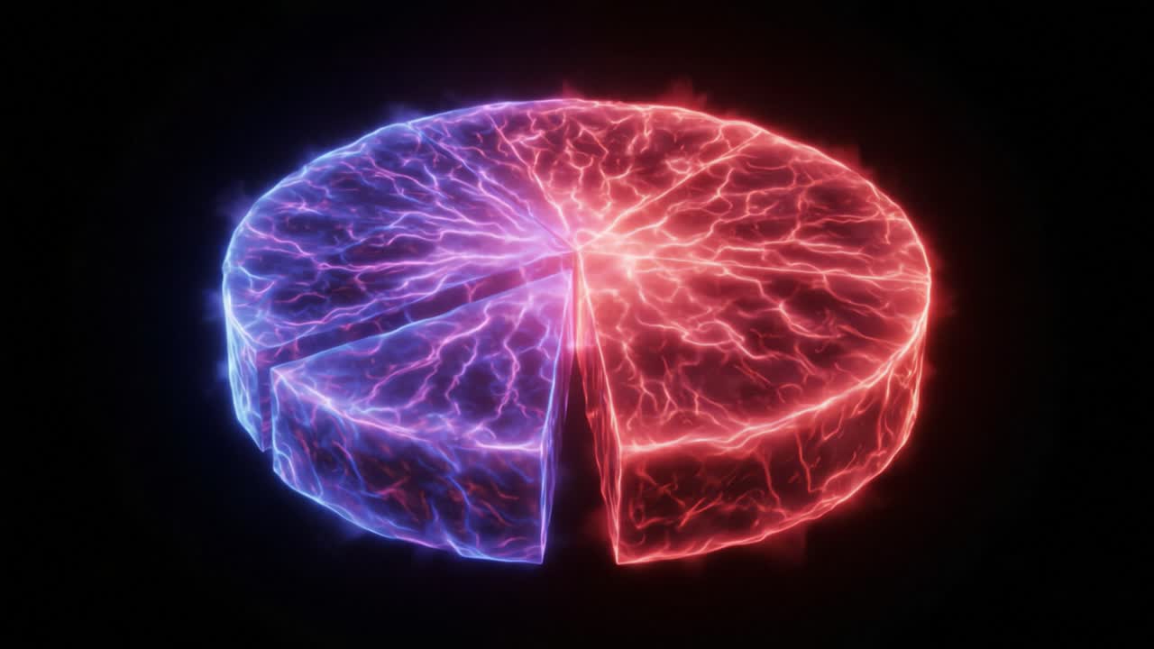 Dynamic Energy Burst: A Captivating Visual Representation of a Split Pie Chart in Radiant Red and Blue, Conveying Intense Power and Motion