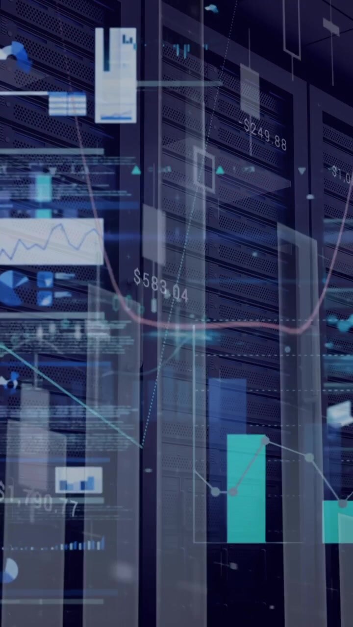 Animation of data processing and diagrams over server room