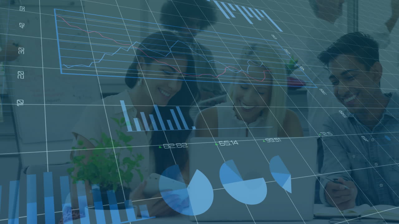 Animation of financial data processing over diverse colleagues discussing work in office