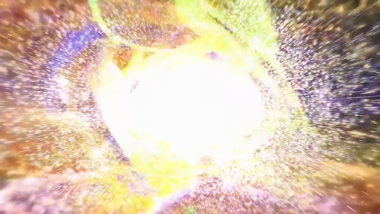 Video dinamico di un'esplosione colorata, ripreso da un'angolazione centrale, che crea un'atmosfera vibrante e cosmica