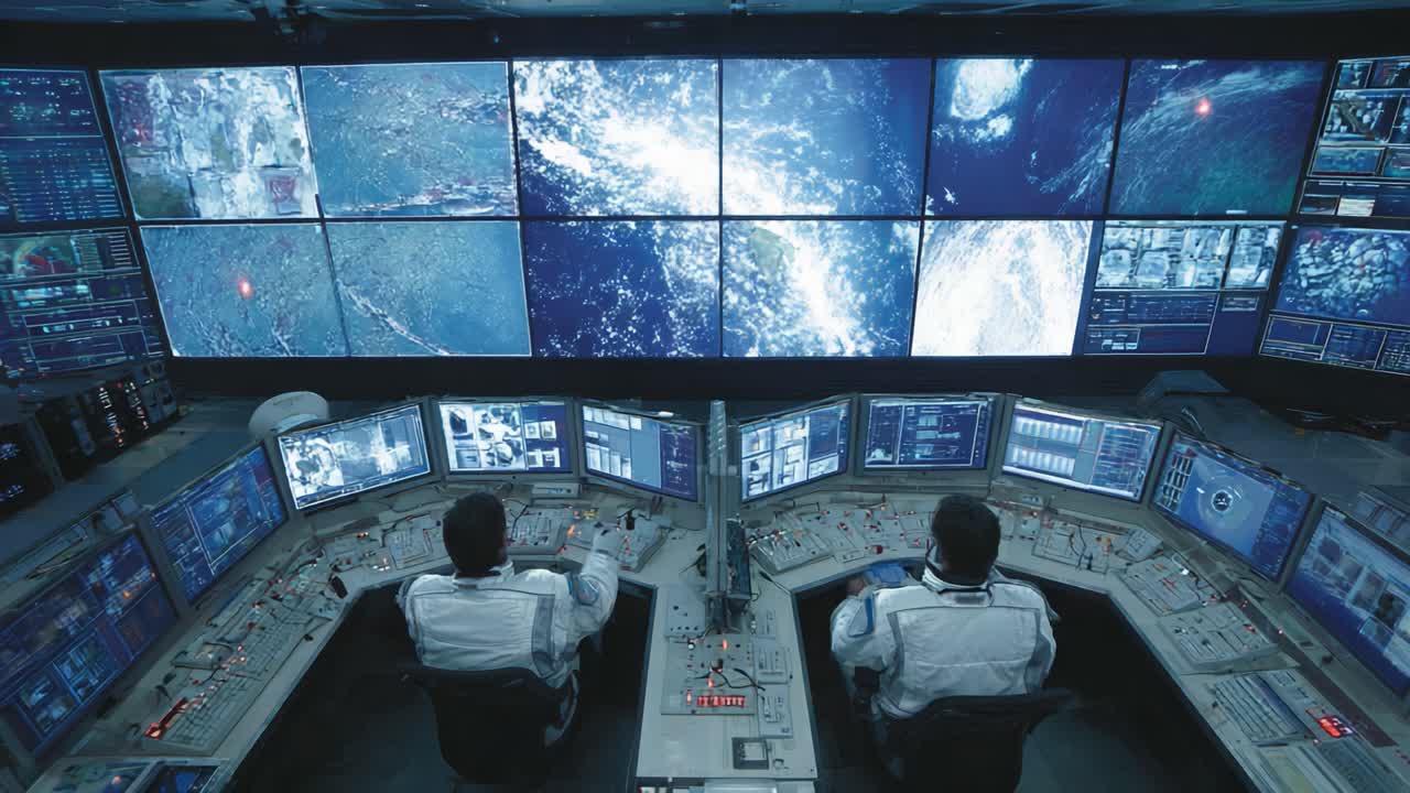 Advanced Space Command Center Operations: Monitors and Crew Managing Critical Satellite Data and Earth Observations in a High-Tech Surveillance Environment