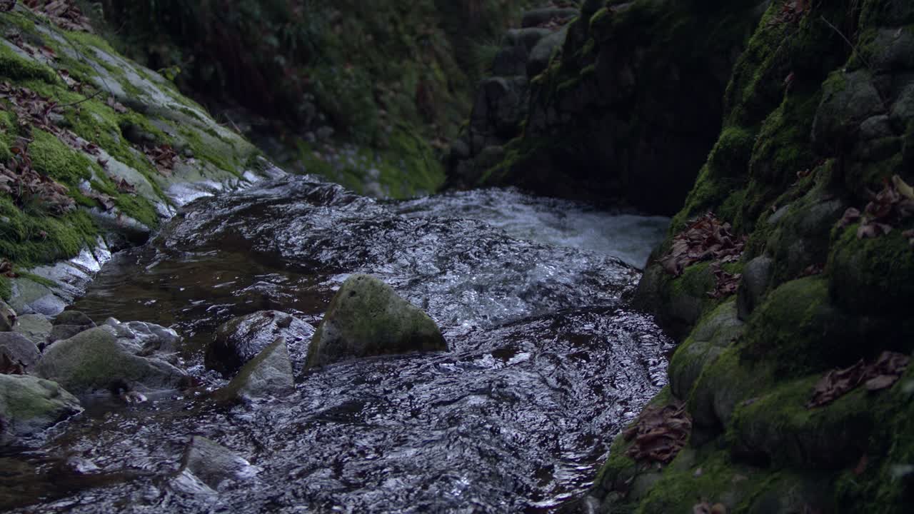 Winter river flowing through mossy rocks - SLOMO