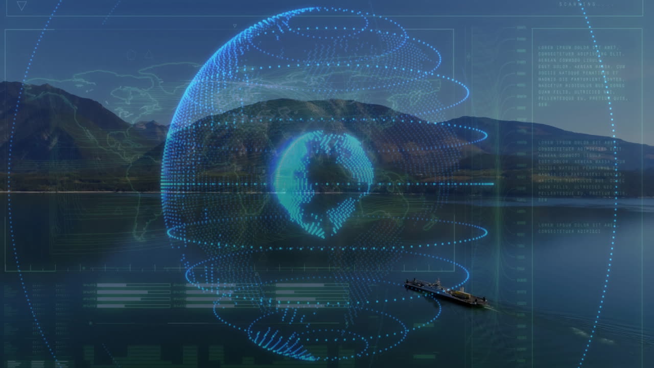 Digital globe and data processing animation over serene lake and mountain landscape