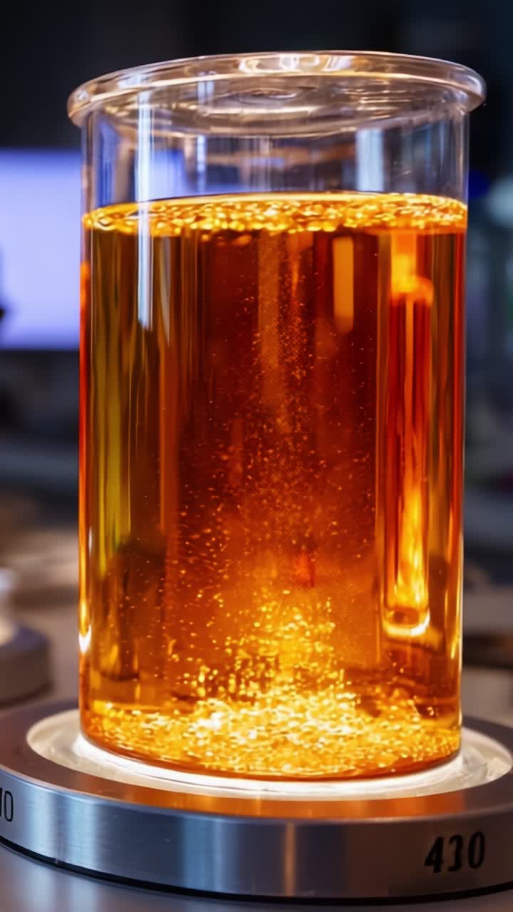Liquido ambrato ipnotico in un becher da laboratorio, che mostra vivaci bolle che salgono, illustrando la fluidodinamica e la bellezza dell'esplorazione scientifica