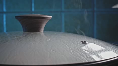 close up of cooking pot gently releasing steam through venting hole on glass lid