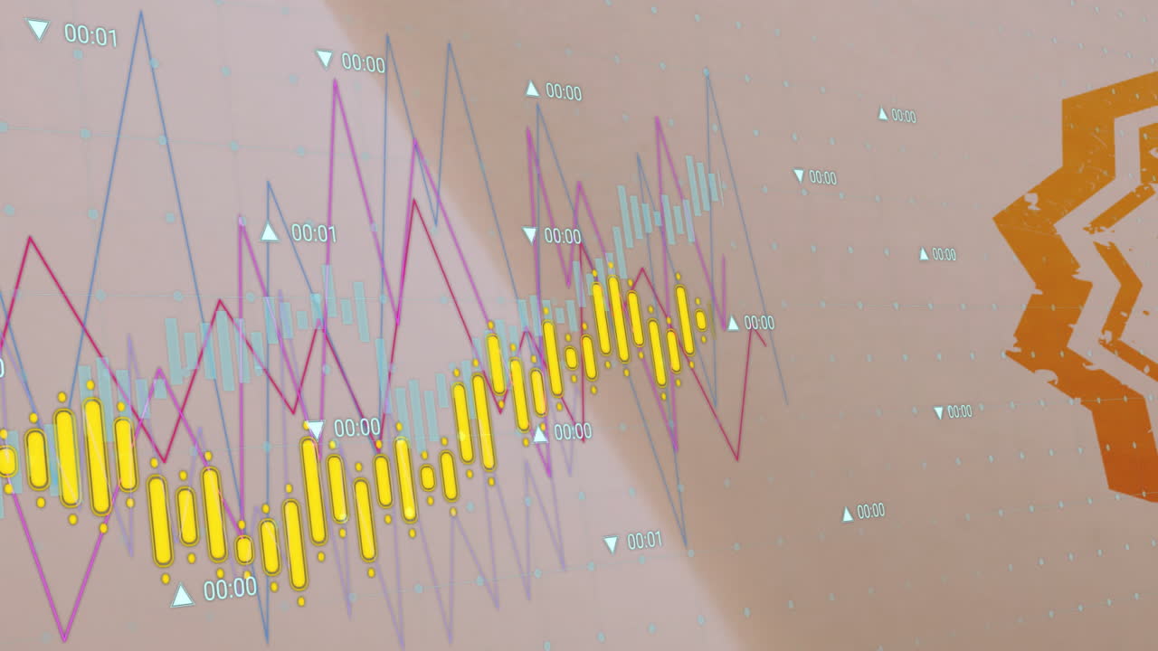 Animation of colorful data graphs and charts over abstract geometric background
