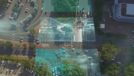 Animation of screens with data processing over cityscape