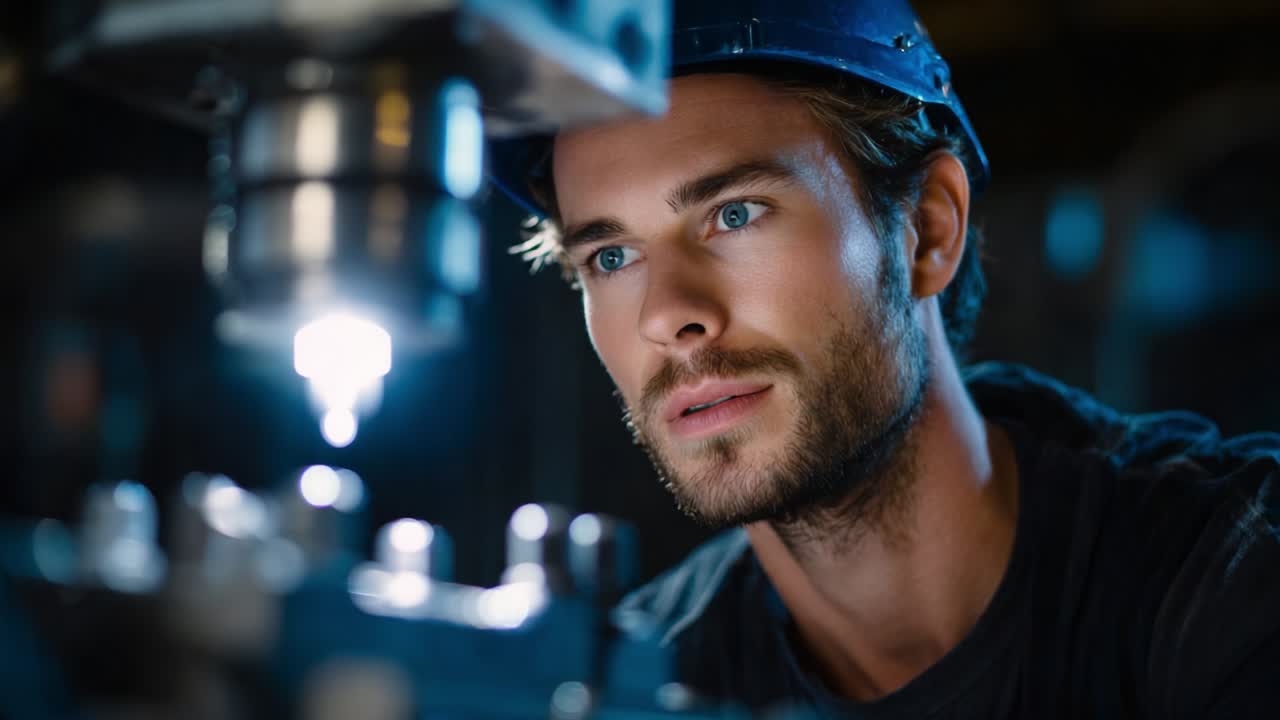 Gefocuste mannelijke technicus bedient geavanceerde machines in een werkplaats, geconcentreerd op precisietechniek om kwaliteitsvol vakmanschap in een veilige industriële omgeving te garanderen