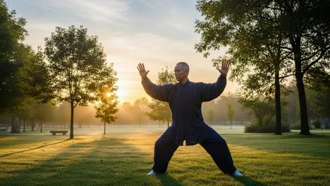 Practicing Traditional Martial Arts in a Peaceful Morning Setting Surrounded by Nature&#039;s Beauty, Emphasizing Harmony, Focus, and Serenity