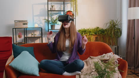 Woman-using-virtual-reality-futuristic-technology-headset-to-play-simulation-3D-video-game-at-home