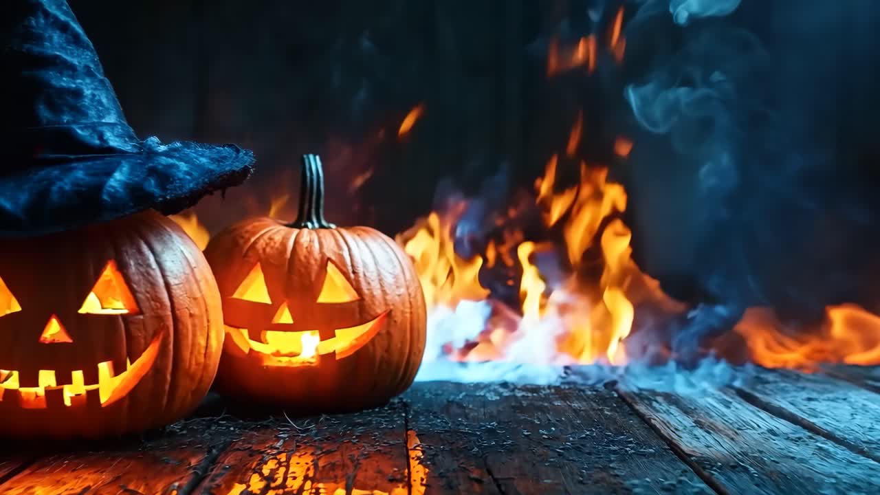 Three pumpkins with a witch's hat on top of them. The pumpkins are lit up and the background is dark and smoky