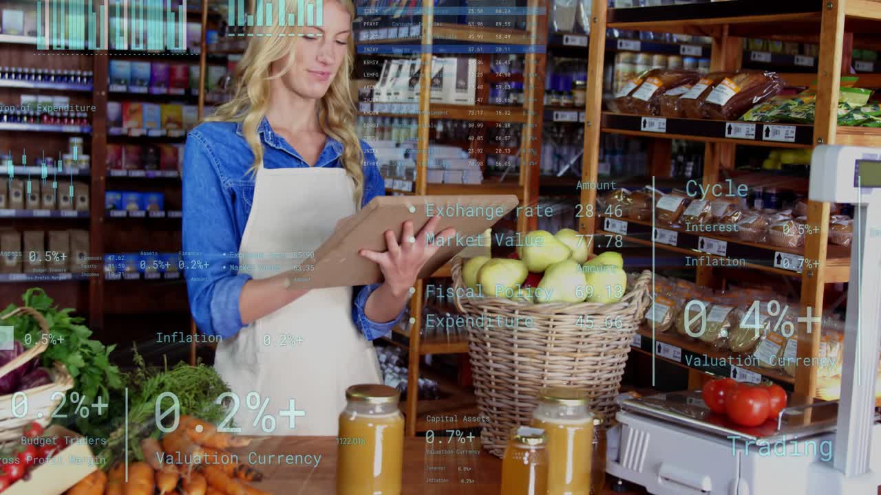 Retail woman tapping clipboard and presenting board with charts overlaying scene showing sales %