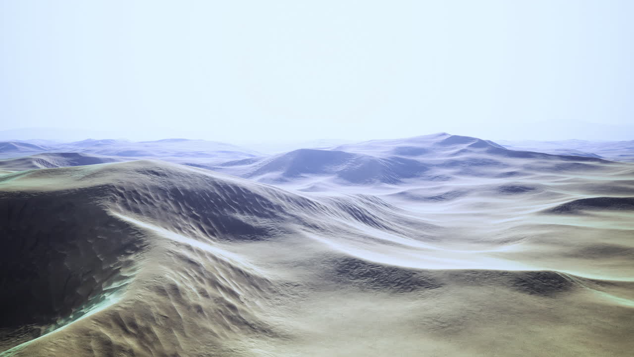 Expansive sand dunes stretch endlessly under a bright desert sky