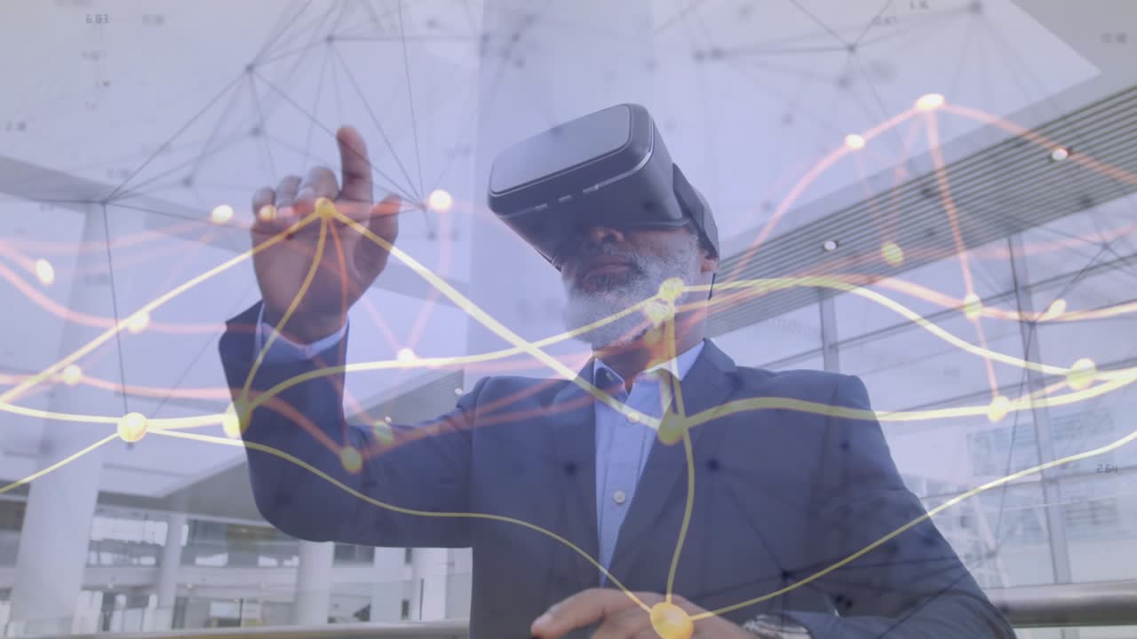 Businessman wearing VR headset lifting hand sweeping lines and pinching nodes optimizing data flow