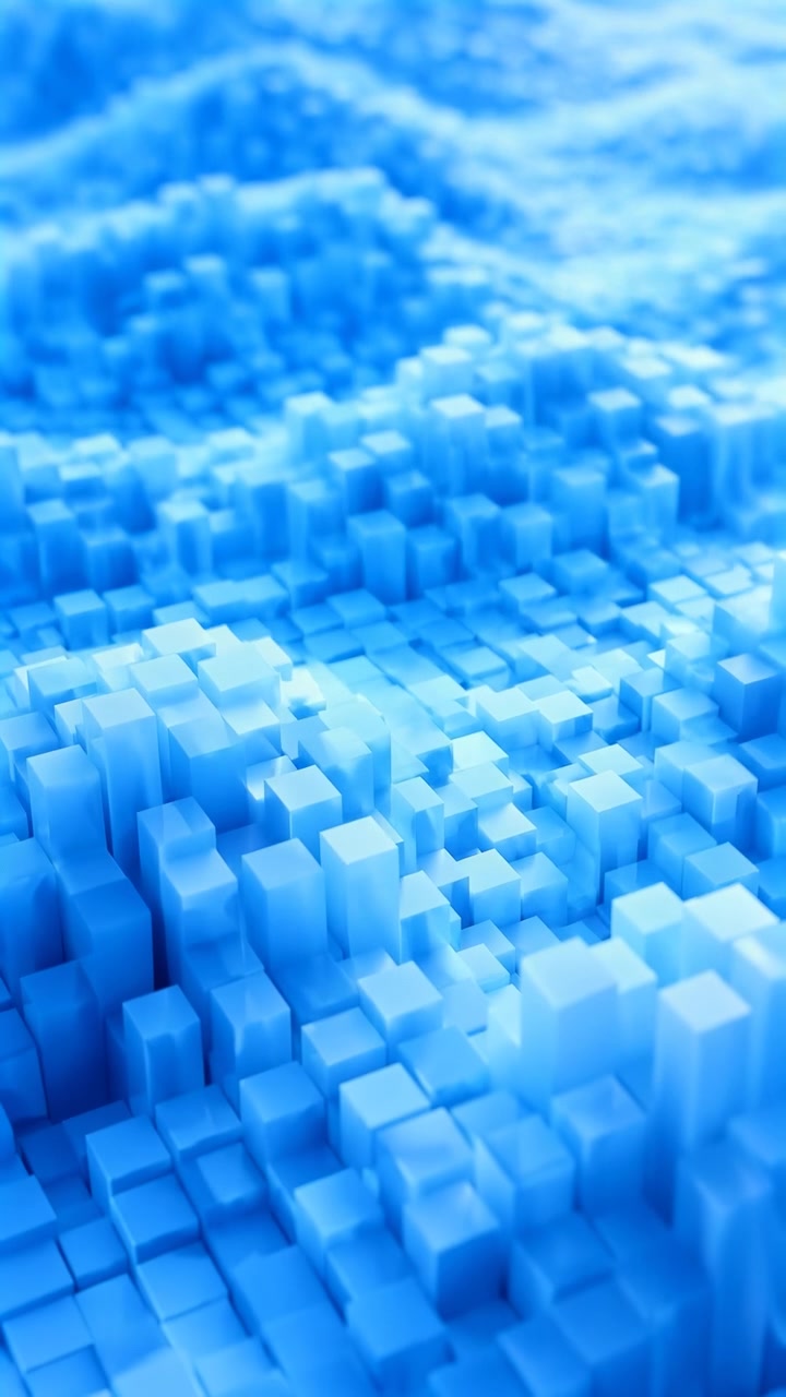 Dense field of small glossy cubes arranged in uniform grid rises into stepped peaks and undulating ridges, foreground blocks stay sharp while midground and background gradually soften, creating