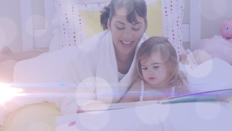 animación de puntos de luz y senderos sobre una mujer diversa y su hija leyendo libros