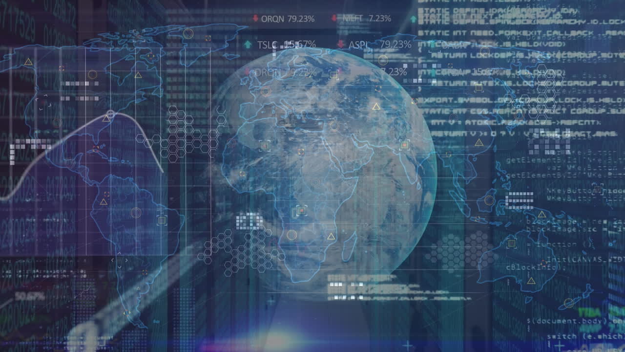 Animation of globe and world map with data processing over server room