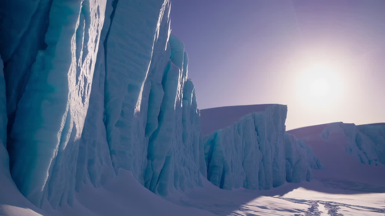 Towering Blue Ice Walls Under a Bright Sun in a Polar Landscape