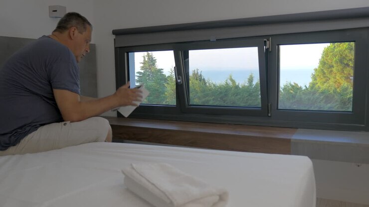 Uomo che cammina in una stanza e si siede sul letto mentre usa un tablet