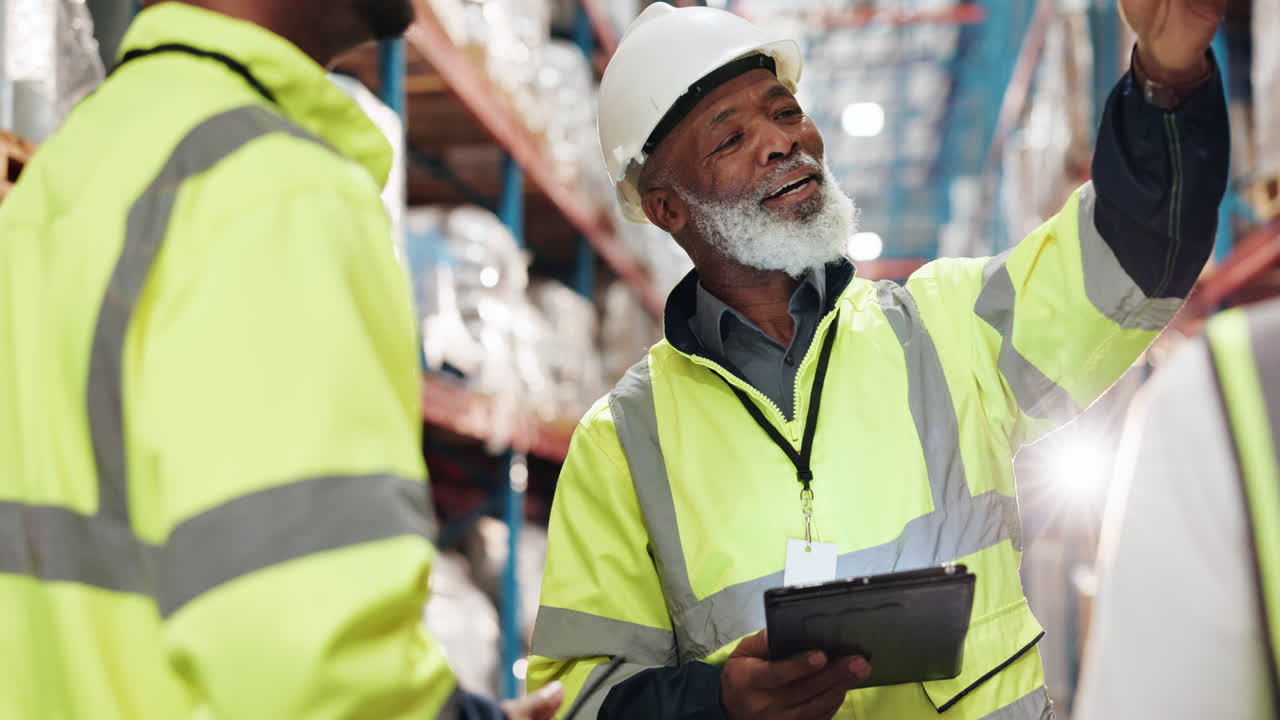 un gerente de almacén dirige una reunión de equipo en un almacén ocupado