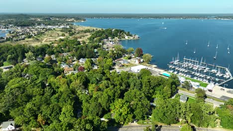 a high aerial pan of bluffton area in muskegon