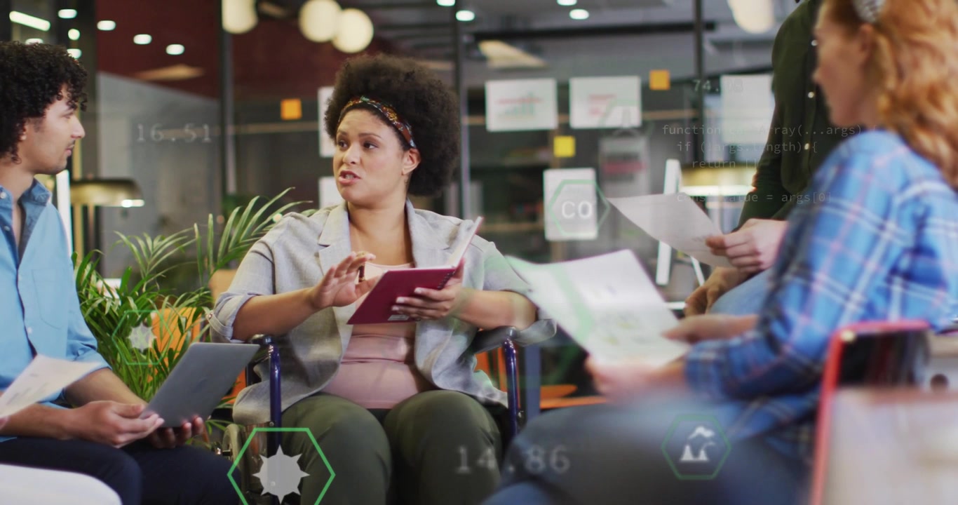 Woman in wheelchair tapping red tablet and presenting business data while hex icons showing charts