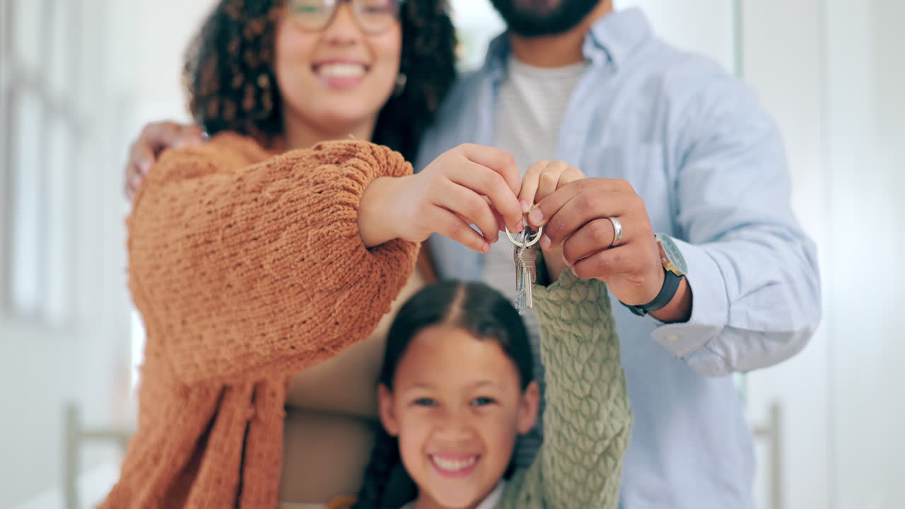Family, portrait and keys with smile for real