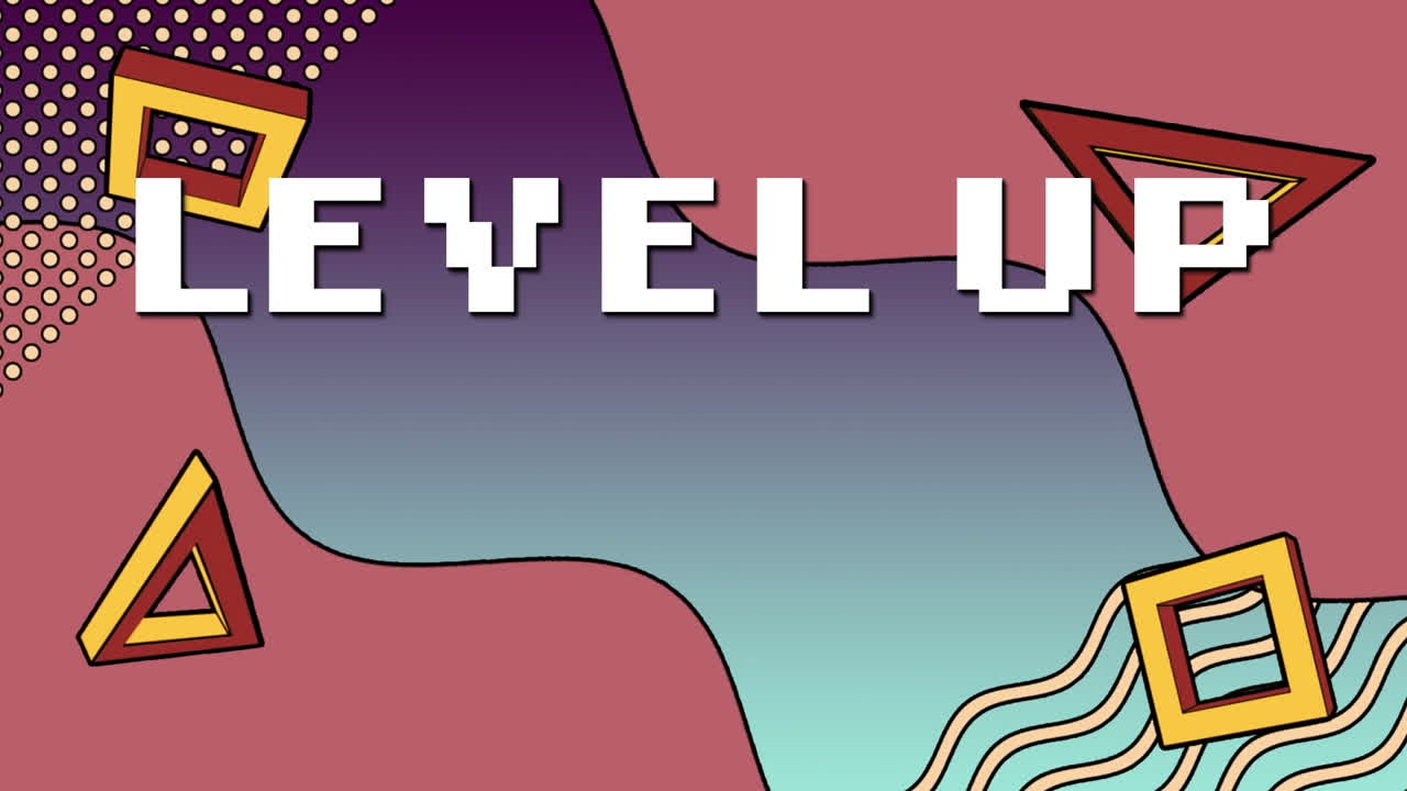 Digitaalinen animaatio "level up" -tekstistä vasten värikkäitä abstrakteja muotoja sinisellä liukuvärjätyllä taustalla.
