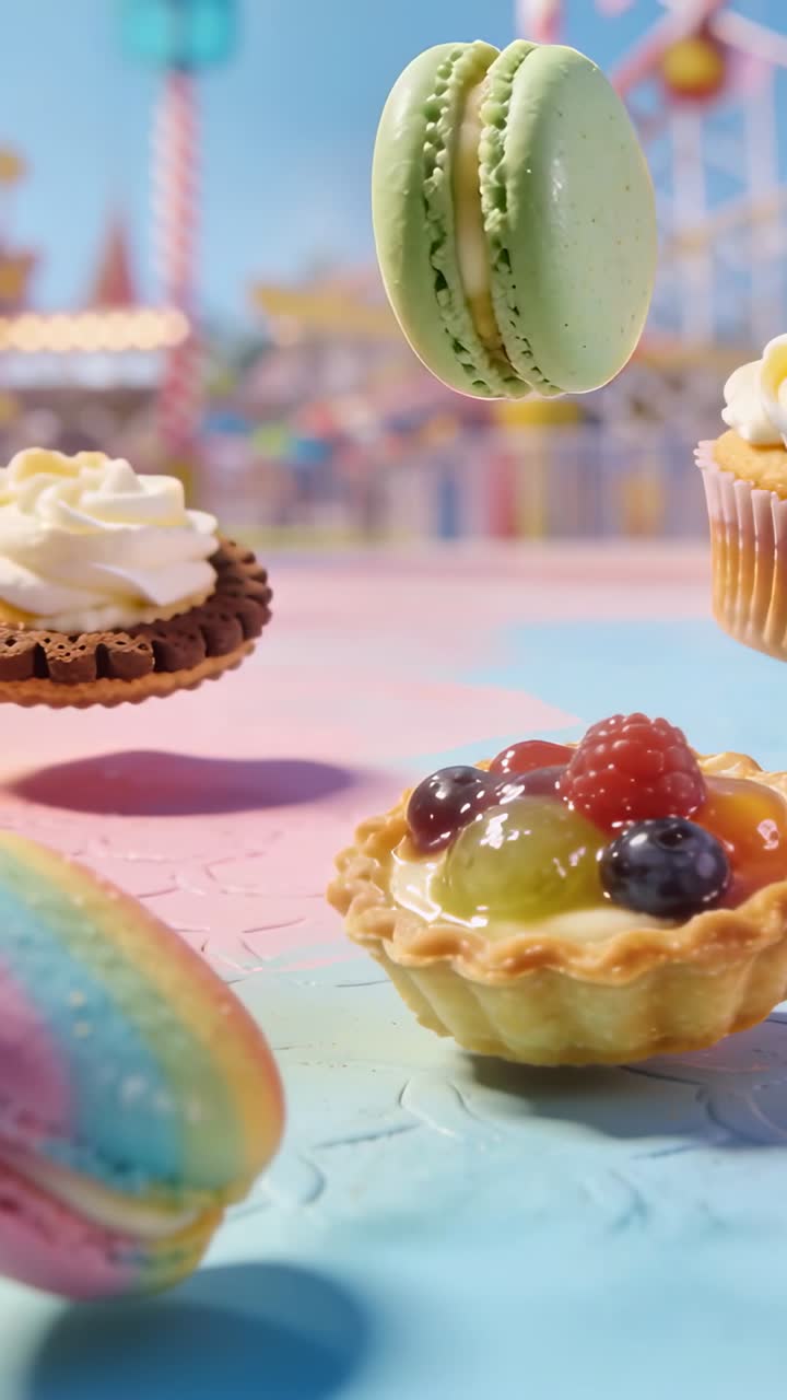 Vertical video: Descending green macaron causing rainbow macaron rolling toward fruit tart on table