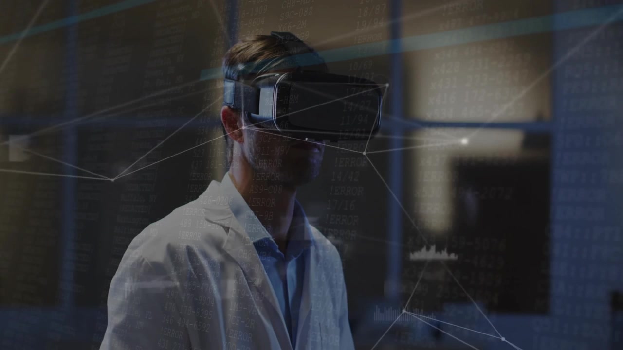 Researcher powering up VR headset and scanning holographic data overlays until fading in lab