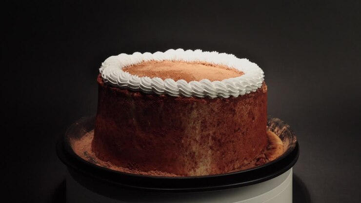 Cinnamon cake with creme in a turn table sweet tasty healthy black background loop