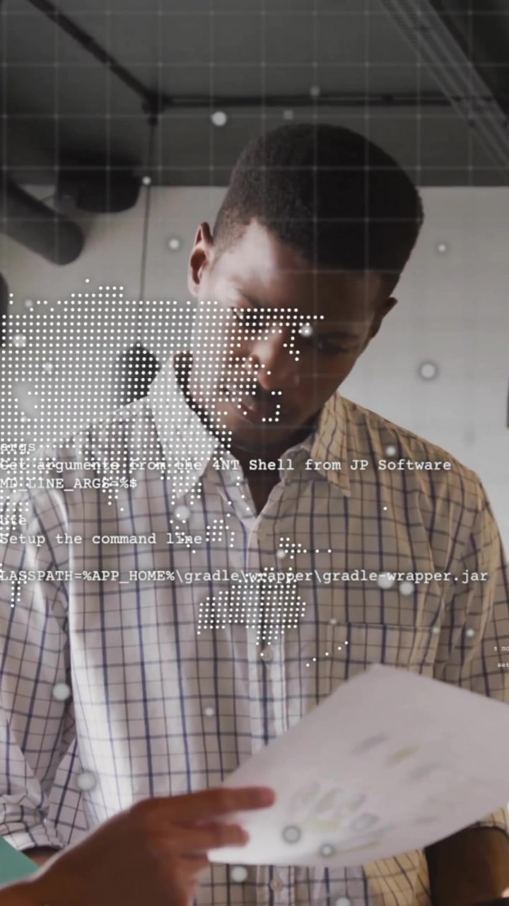 Animation of financial data processing over diverse business people in office