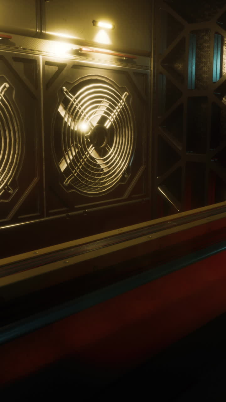 빛나는 금속 벽과 환기 그릴이 있는 어두운 산업 복도