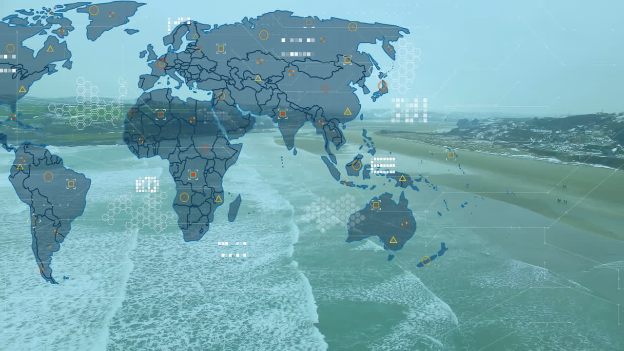 Sliding semi-transparent world map overlay across beach, displaying data markers and hexagon grids