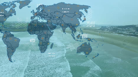 sliding semi-transparent world map overlay across beach, displaying data markers and hexagon grids