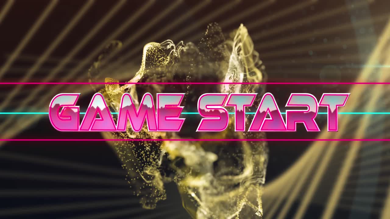 게임 시작 텍스트 배너의 애니메이션은 검은 바탕에 황금색 디지털 파도 위에 있습니다.