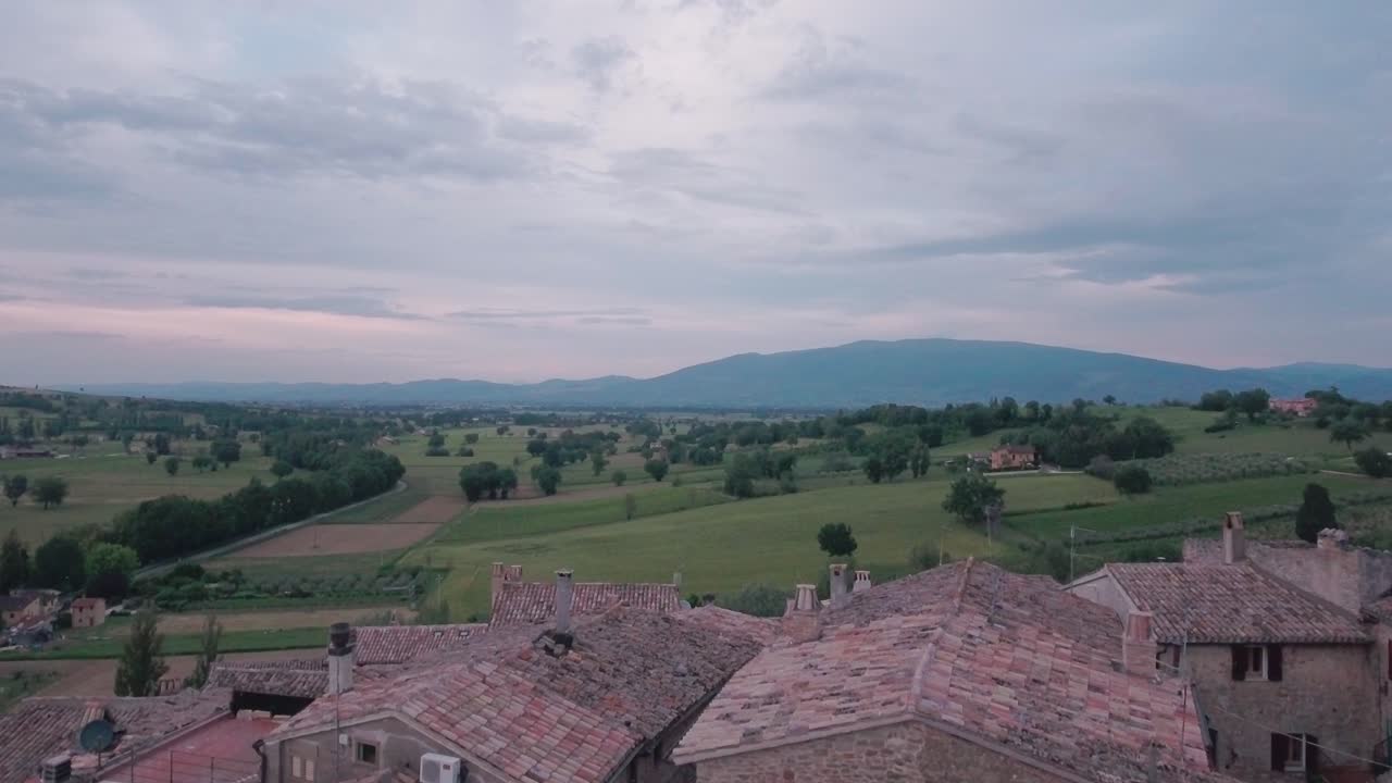 Aerial Drone shot Crane Up from Medieval Italian Village in Umbria, Italy