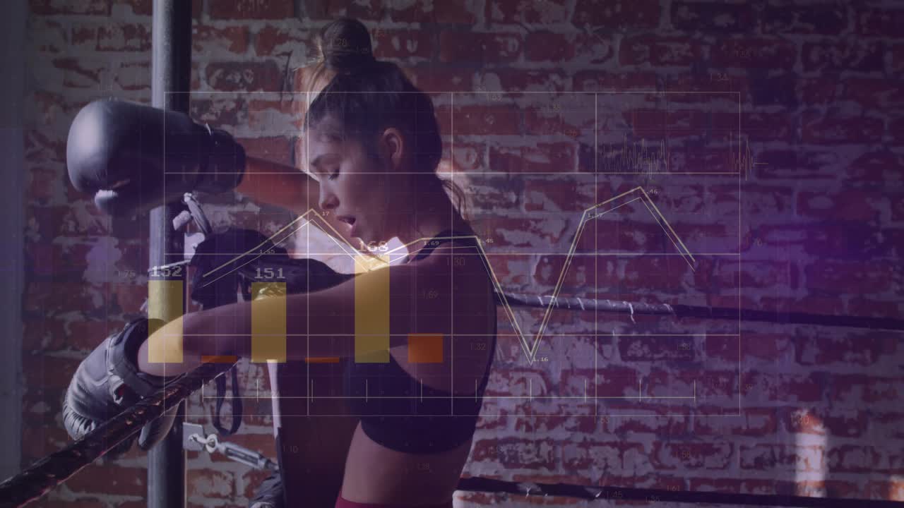 With charts climbing, female boxer resting on rope in ring, stretching, repeating tracking metrics