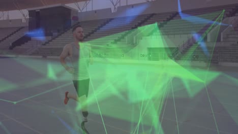 animación de formas geométricas sobre hombre caucásico con entrenamiento de hoja de correr en el estadio