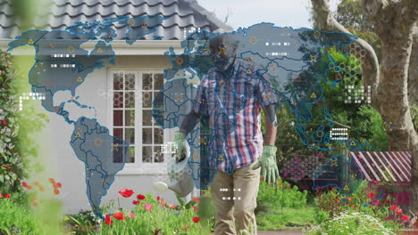 watering plants, gardener with animation of global network data over world map