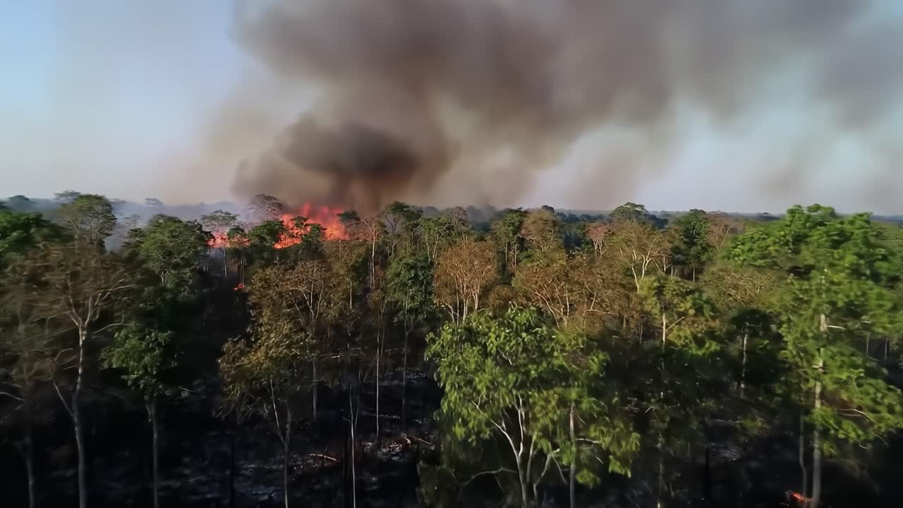 Dramatic Flames Consume Lush Forest Landscape, Thick Smoke Billowing into the Sky as Environmental Devastation Unfolds in the Heart of Nature