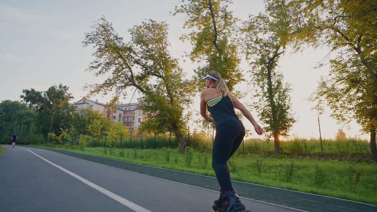 Woman Rollerblading at Sunset in a Park