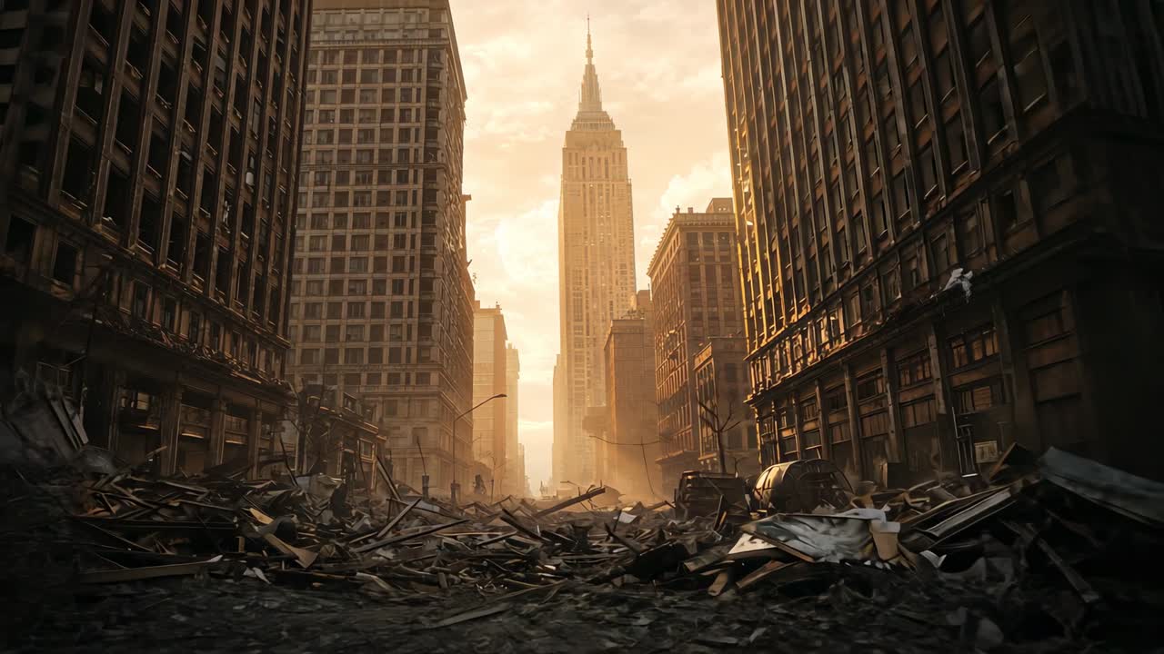 Pushing forward camera revealing debris-filled street in ruined city, showing spired skyscraper